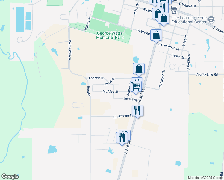 map of restaurants, bars, coffee shops, grocery stores, and more near 300 McAfee Street in Mabank