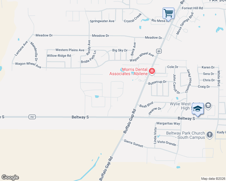 map of restaurants, bars, coffee shops, grocery stores, and more near 7534 Penney Lane in Abilene