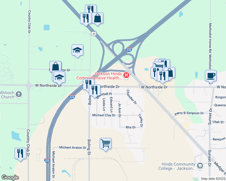 map of restaurants, bars, coffee shops, grocery stores, and more near 1977 Edward Lane in Jackson