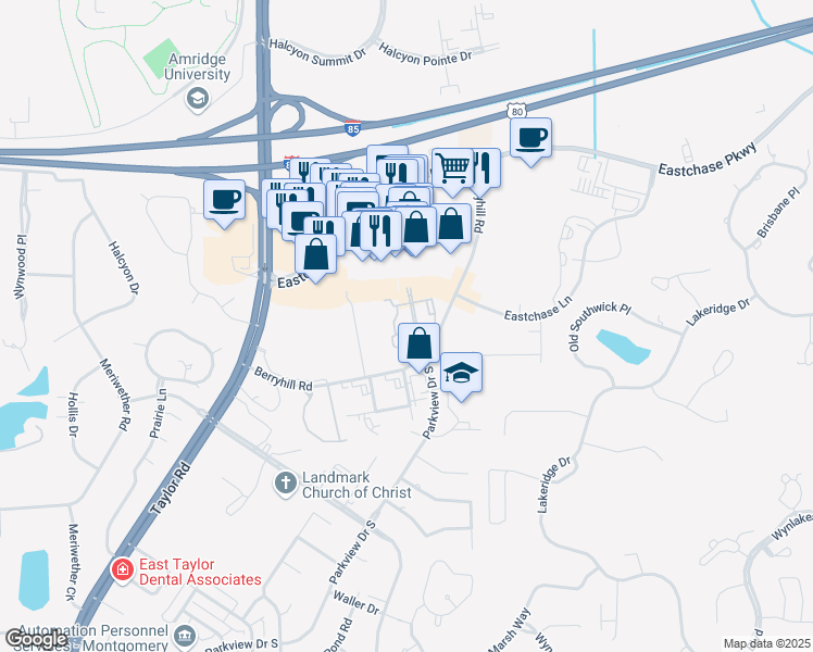 map of restaurants, bars, coffee shops, grocery stores, and more near 2101 Berryhill Road in Montgomery
