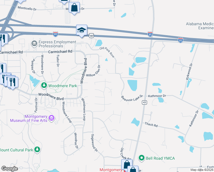 map of restaurants, bars, coffee shops, grocery stores, and more near 6316 Old Pond Road in Montgomery