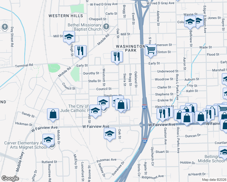 map of restaurants, bars, coffee shops, grocery stores, and more near 1700-1730 Oak St in Montgomery