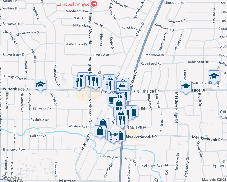 map of restaurants, bars, coffee shops, grocery stores, and more near 107-155 W Northside Dr in Jackson