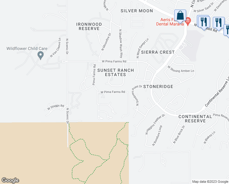 map of restaurants, bars, coffee shops, grocery stores, and more near West Pima Farms Road in Pima County