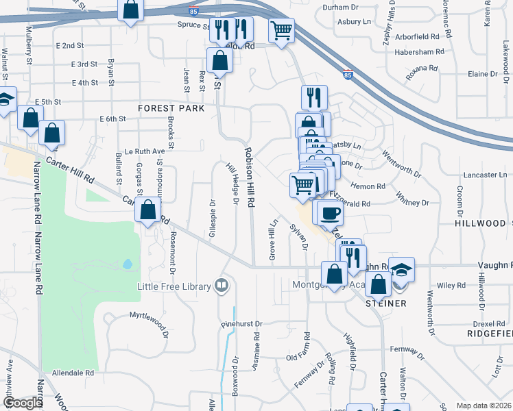 map of restaurants, bars, coffee shops, grocery stores, and more near 1835 Robison Hill Road in Montgomery