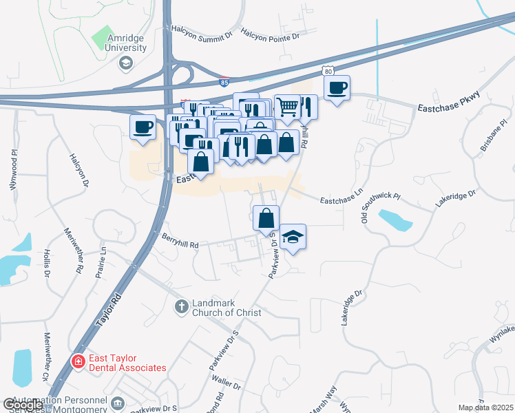 map of restaurants, bars, coffee shops, grocery stores, and more near 2101 Berryhill Road in Montgomery