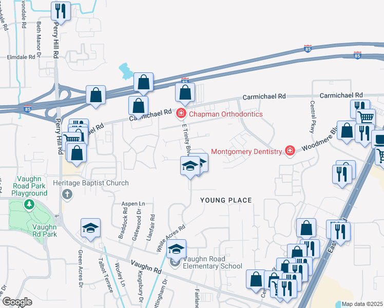 map of restaurants, bars, coffee shops, grocery stores, and more near 1669 East Trinity Boulevard in Montgomery