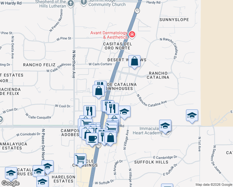 map of restaurants, bars, coffee shops, grocery stores, and more near 30 East Mediterranean Drive in Tucson