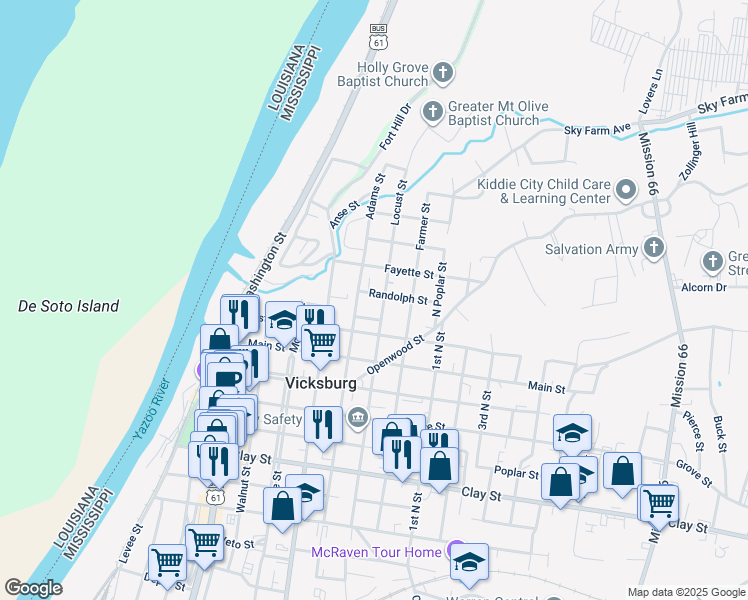 map of restaurants, bars, coffee shops, grocery stores, and more near 1116 Randolph Street in Vicksburg