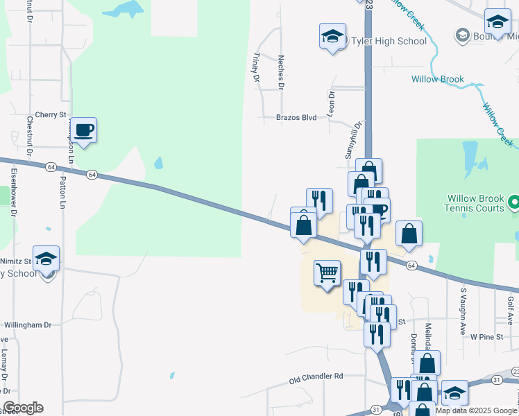 map of restaurants, bars, coffee shops, grocery stores, and more near 11469 West Erwin Street in Tyler