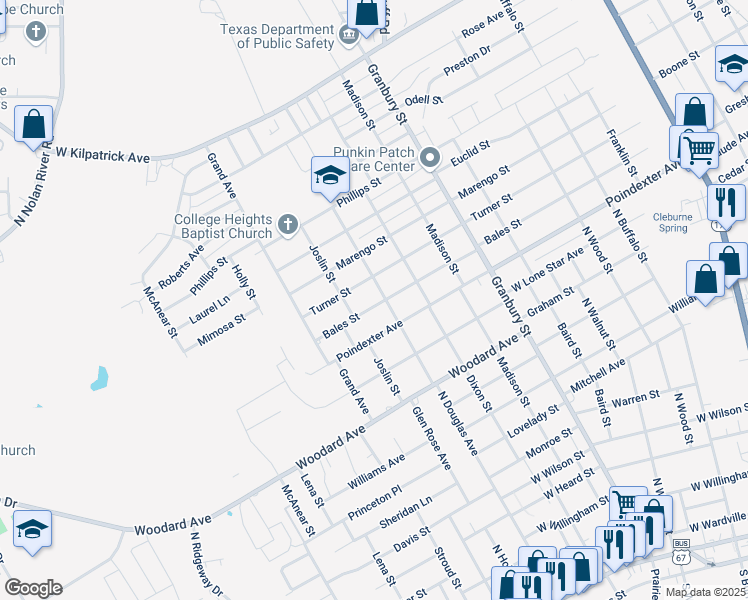 map of restaurants, bars, coffee shops, grocery stores, and more near 1106 Bales Street in Cleburne