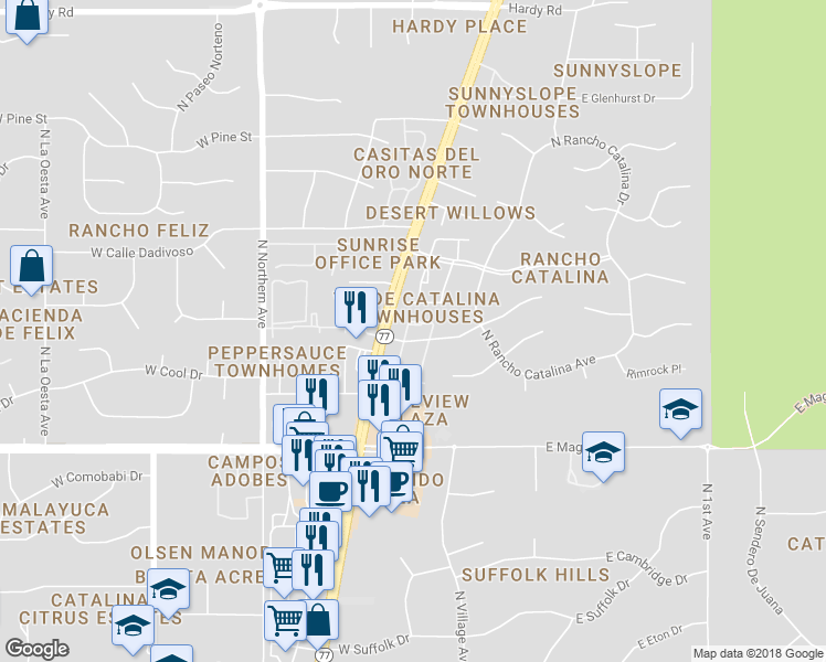 map of restaurants, bars, coffee shops, grocery stores, and more near 30 East Mediterranean Drive in Tucson