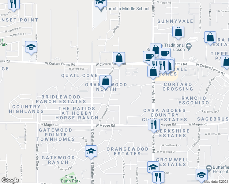 map of restaurants, bars, coffee shops, grocery stores, and more near 4064 West Azalea Street in Tucson