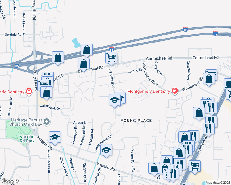 map of restaurants, bars, coffee shops, grocery stores, and more near 1661 East Trinity Boulevard in Montgomery