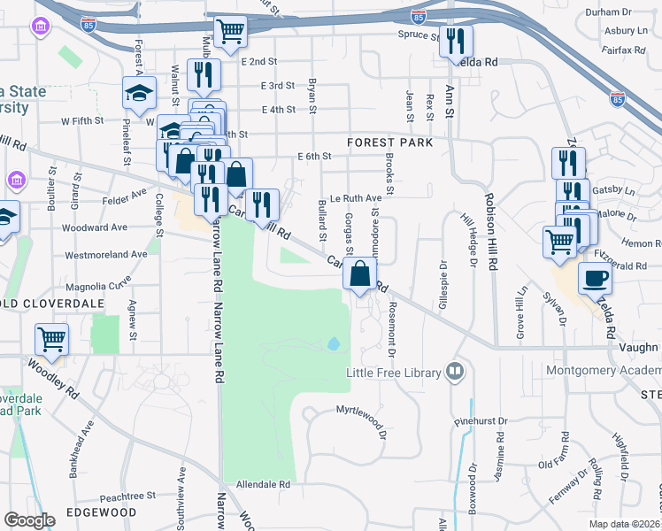 map of restaurants, bars, coffee shops, grocery stores, and more near 2282 Country Club Dr in Montgomery