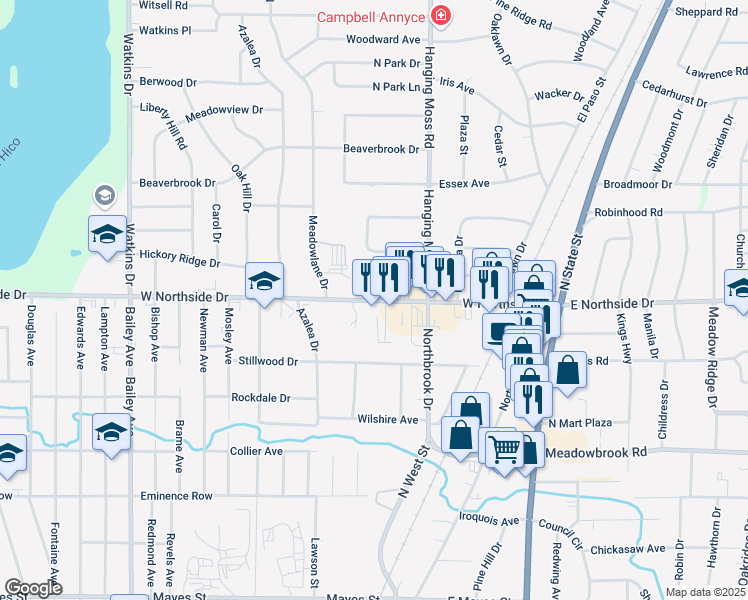 map of restaurants, bars, coffee shops, grocery stores, and more near 365 West Northside Drive in Jackson