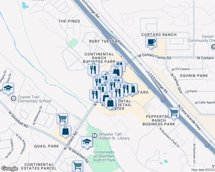 map of restaurants, bars, coffee shops, grocery stores, and more near 5850 West Arizona Pavilions Drive in Tucson