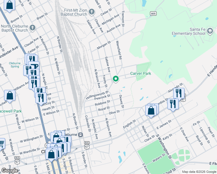 map of restaurants, bars, coffee shops, grocery stores, and more near 314 Hollingsworth Street in Cleburne
