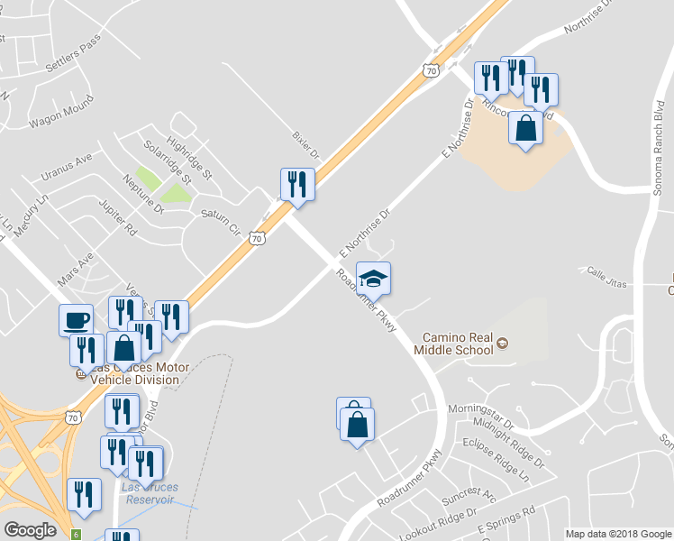 map of restaurants, bars, coffee shops, grocery stores, and more near 2771 North Roadrunner Parkway in Las Cruces