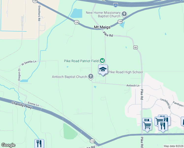 map of restaurants, bars, coffee shops, grocery stores, and more near 401-457 Antioch Lane in Pike Road