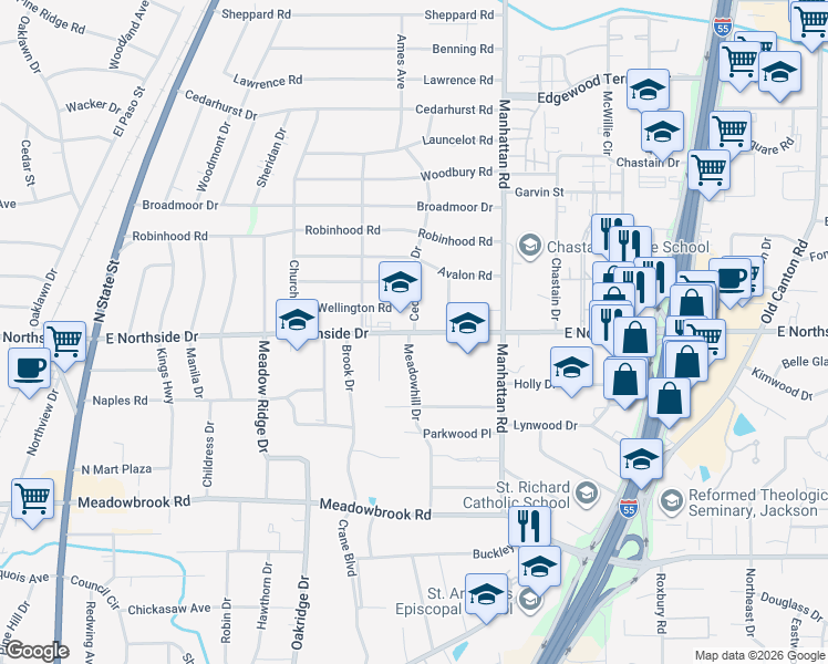 map of restaurants, bars, coffee shops, grocery stores, and more near East Northside Drive in Jackson