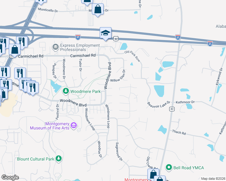 map of restaurants, bars, coffee shops, grocery stores, and more near 6124 Heidi Place in Montgomery