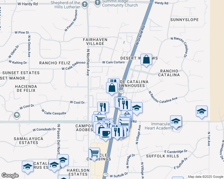 map of restaurants, bars, coffee shops, grocery stores, and more near 8215 North Oracle Road in Tucson