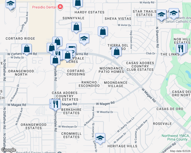 map of restaurants, bars, coffee shops, grocery stores, and more near 8180 North Camino De La Viola in Tucson