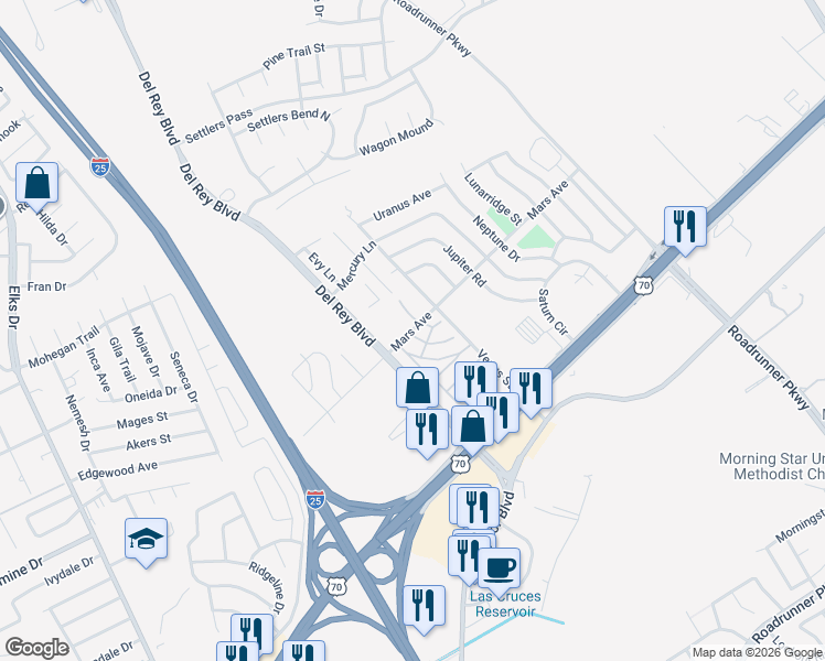 map of restaurants, bars, coffee shops, grocery stores, and more near 2038 Mars Avenue in Las Cruces