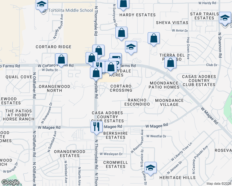 map of restaurants, bars, coffee shops, grocery stores, and more near 8264 North Converse Court in Tucson