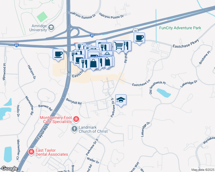 map of restaurants, bars, coffee shops, grocery stores, and more near Eastchase Lane in Montgomery