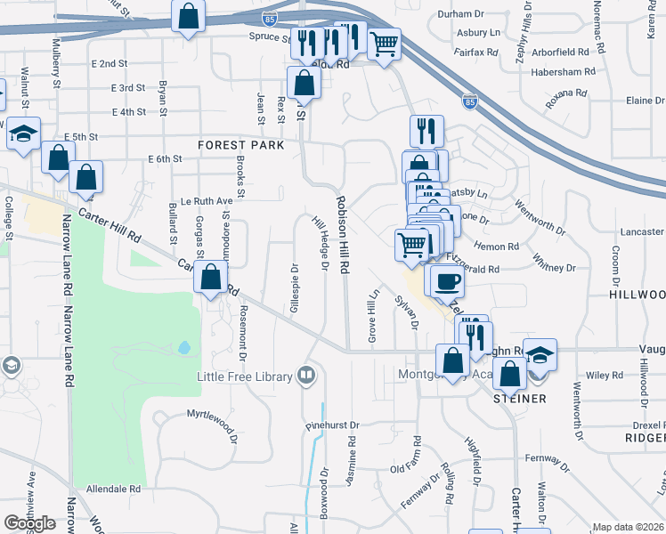 map of restaurants, bars, coffee shops, grocery stores, and more near 1820 Robison Hill Road in Montgomery