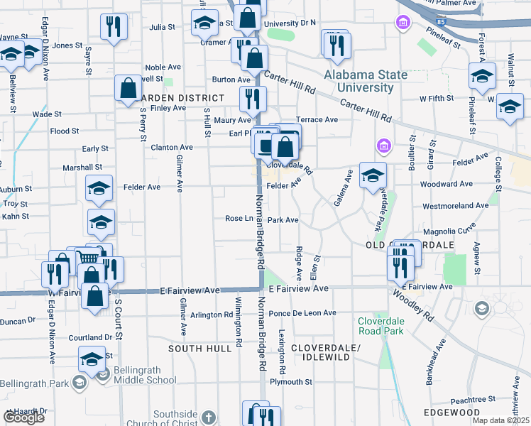 map of restaurants, bars, coffee shops, grocery stores, and more near 1821 Norman Bridge Road in Montgomery