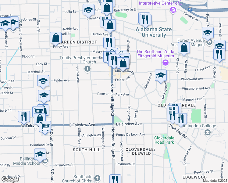 map of restaurants, bars, coffee shops, grocery stores, and more near 1821 Norman Bridge Road in Montgomery