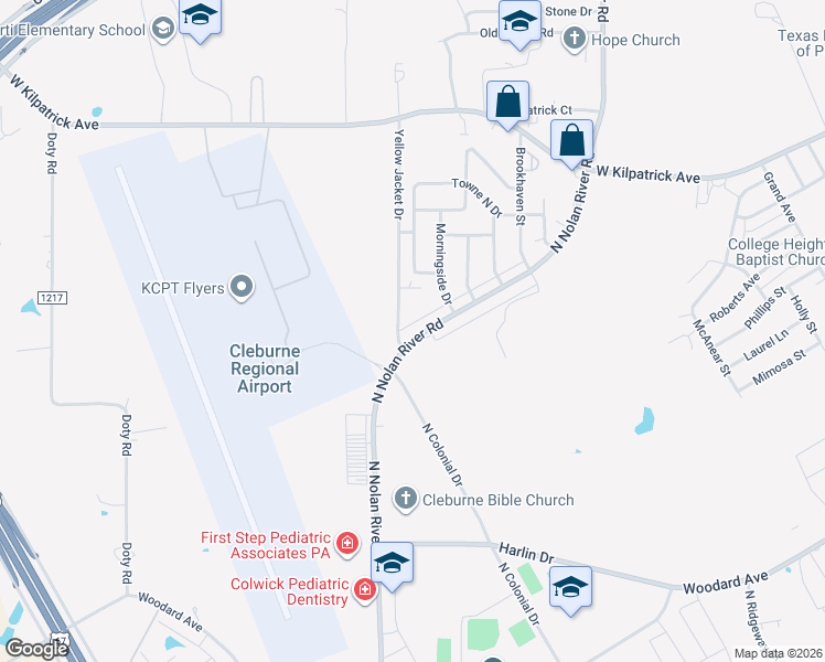 map of restaurants, bars, coffee shops, grocery stores, and more near 1109 North Nolan River Road in Cleburne