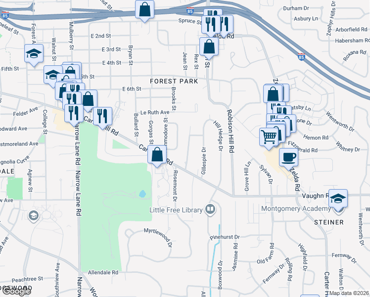 map of restaurants, bars, coffee shops, grocery stores, and more near 1824 Longmeadow Drive in Montgomery