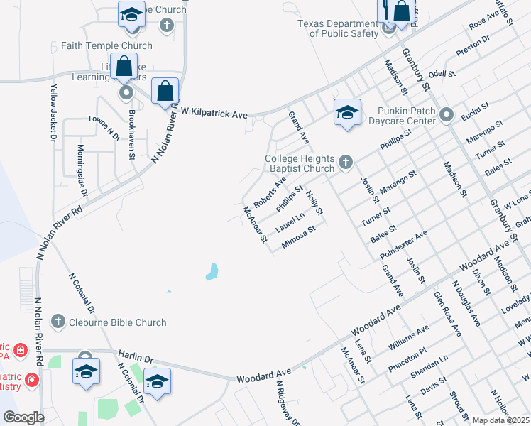 map of restaurants, bars, coffee shops, grocery stores, and more near 1411 Roberts Avenue in Cleburne