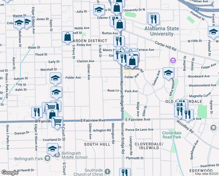 map of restaurants, bars, coffee shops, grocery stores, and more near 339 Rose Lane in Montgomery
