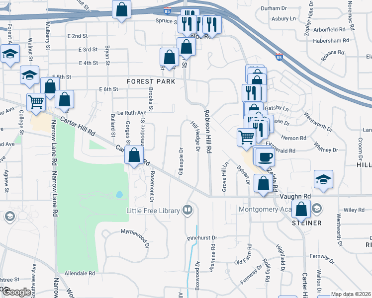 map of restaurants, bars, coffee shops, grocery stores, and more near 1801-1805 Gillespie Drive in Montgomery
