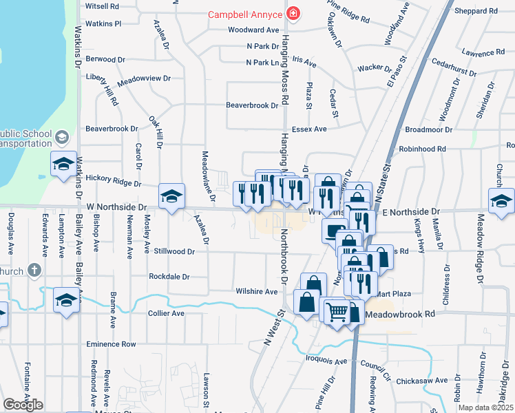 map of restaurants, bars, coffee shops, grocery stores, and more near 350 West Northside Drive in Jackson