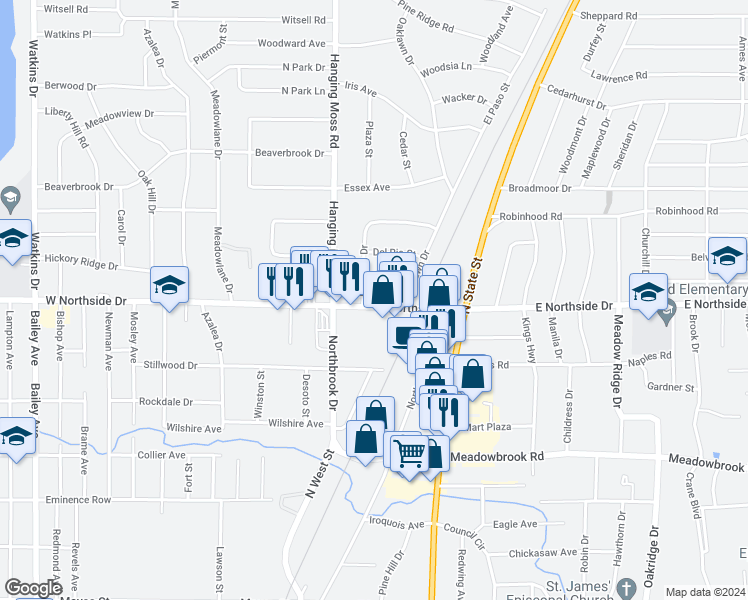 map of restaurants, bars, coffee shops, grocery stores, and more near 146 West Northside Drive in Jackson