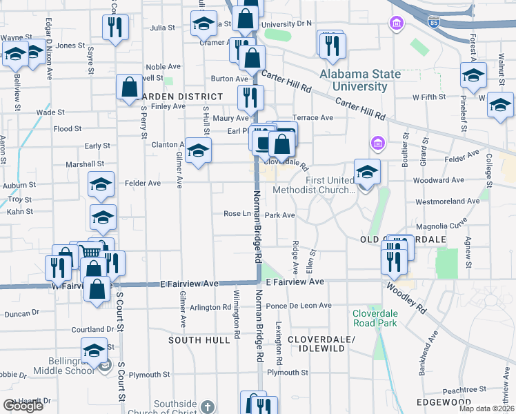 map of restaurants, bars, coffee shops, grocery stores, and more near 1821 Norman Bridge Road in Montgomery