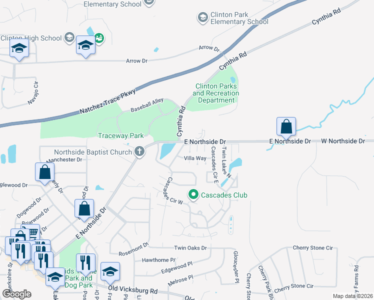 map of restaurants, bars, coffee shops, grocery stores, and more near 212 Waterfall Way in Clinton