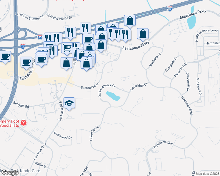 map of restaurants, bars, coffee shops, grocery stores, and more near 7136 Old Southwick Place in Montgomery