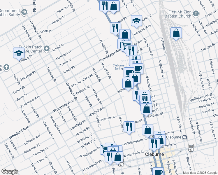 map of restaurants, bars, coffee shops, grocery stores, and more near 925 North Buffalo Avenue in Cleburne