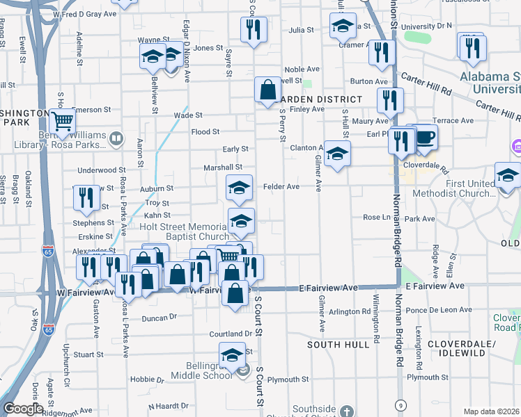 map of restaurants, bars, coffee shops, grocery stores, and more near 1757 South Court Street in Montgomery