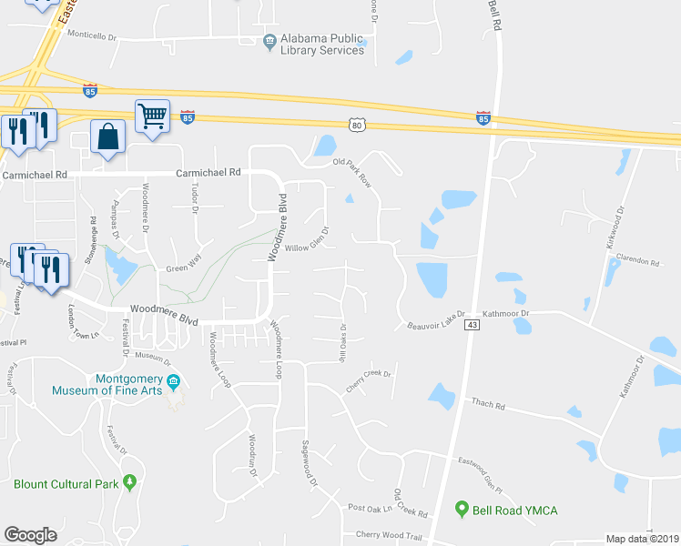 map of restaurants, bars, coffee shops, grocery stores, and more near 6224 John Dunn Court West in Montgomery