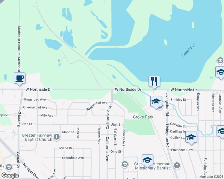 map of restaurants, bars, coffee shops, grocery stores, and more near 2000 West Northside Drive in Jackson