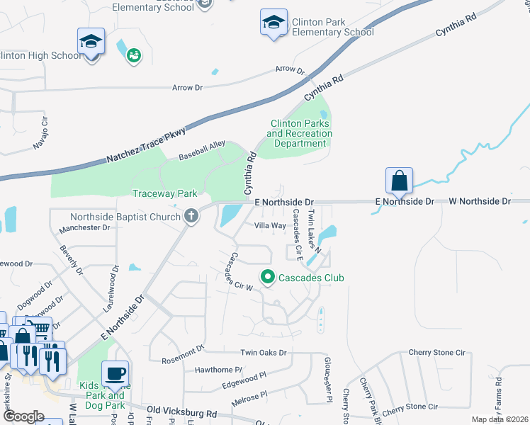 map of restaurants, bars, coffee shops, grocery stores, and more near 212 Waterfall Way in Clinton