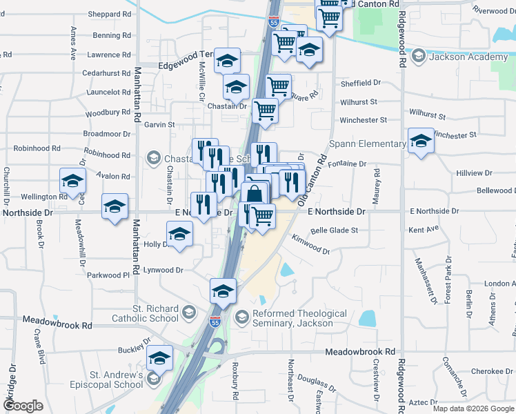 map of restaurants, bars, coffee shops, grocery stores, and more near 1200 East Northside Drive in Jackson